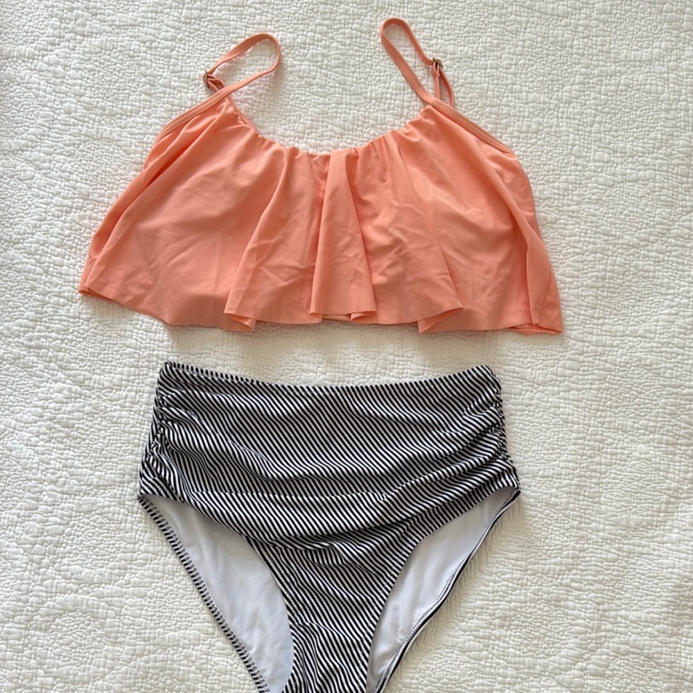 Cup she high waist bikini B&W Striped Bikini Bottoms and peach ruffle top